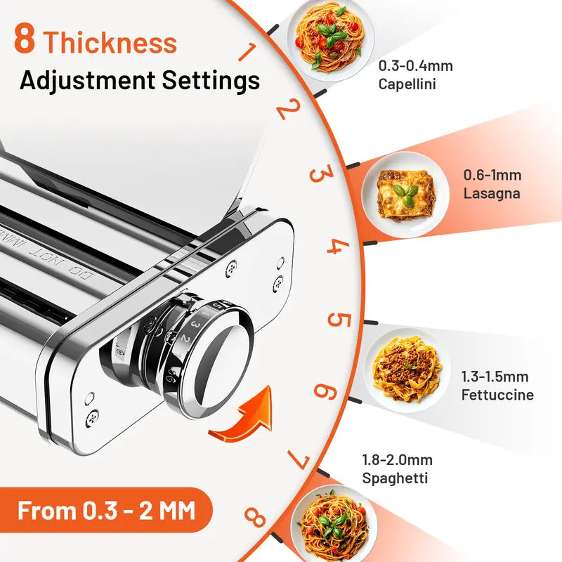 3-in-1 Pasta Maker: Includes Pasta Sheet Roller, Spaghetti Cutter, and Fettuccine Cutter.