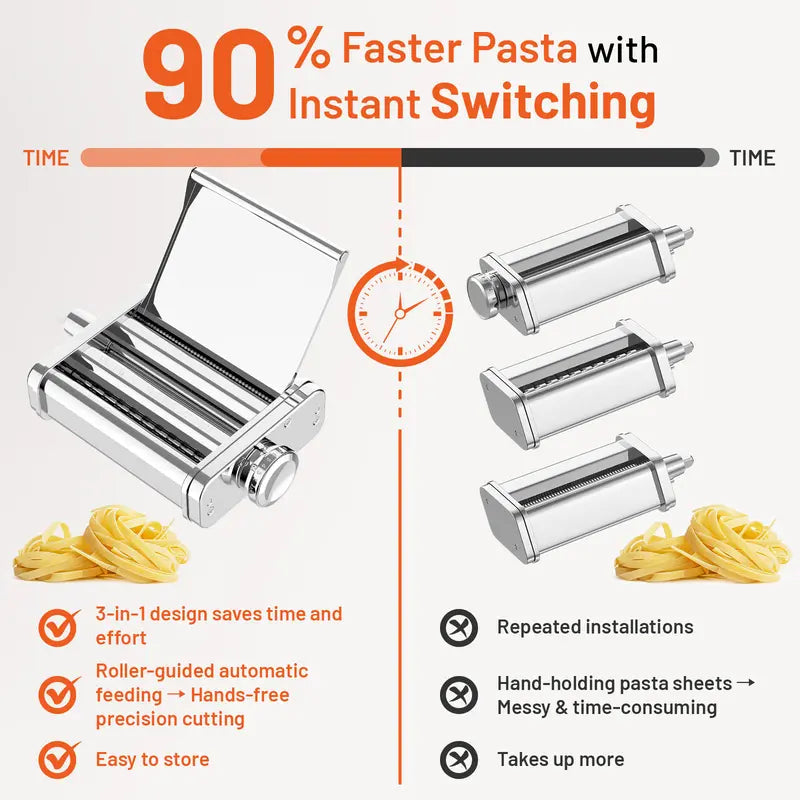 3-in-1 Pasta Maker: Includes Pasta Sheet Roller, Spaghetti Cutter, and Fettuccine Cutter.